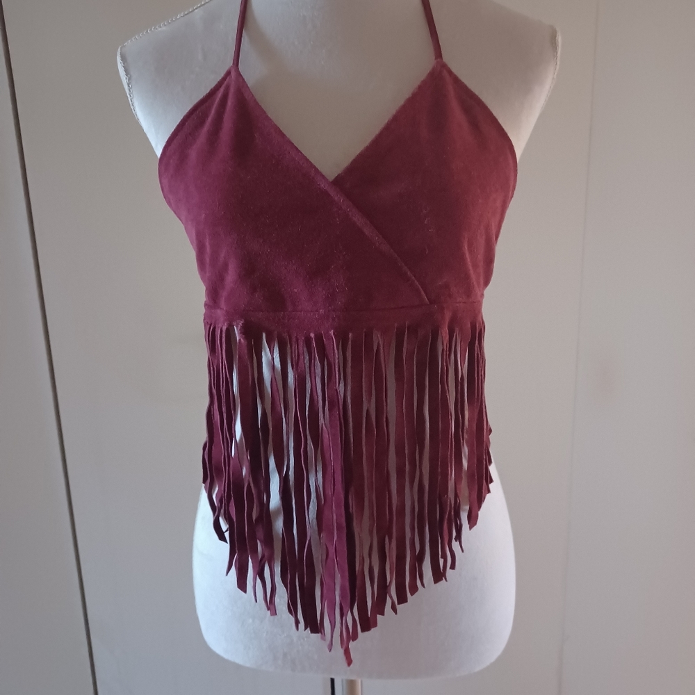 Leather sexy halter top with fringe